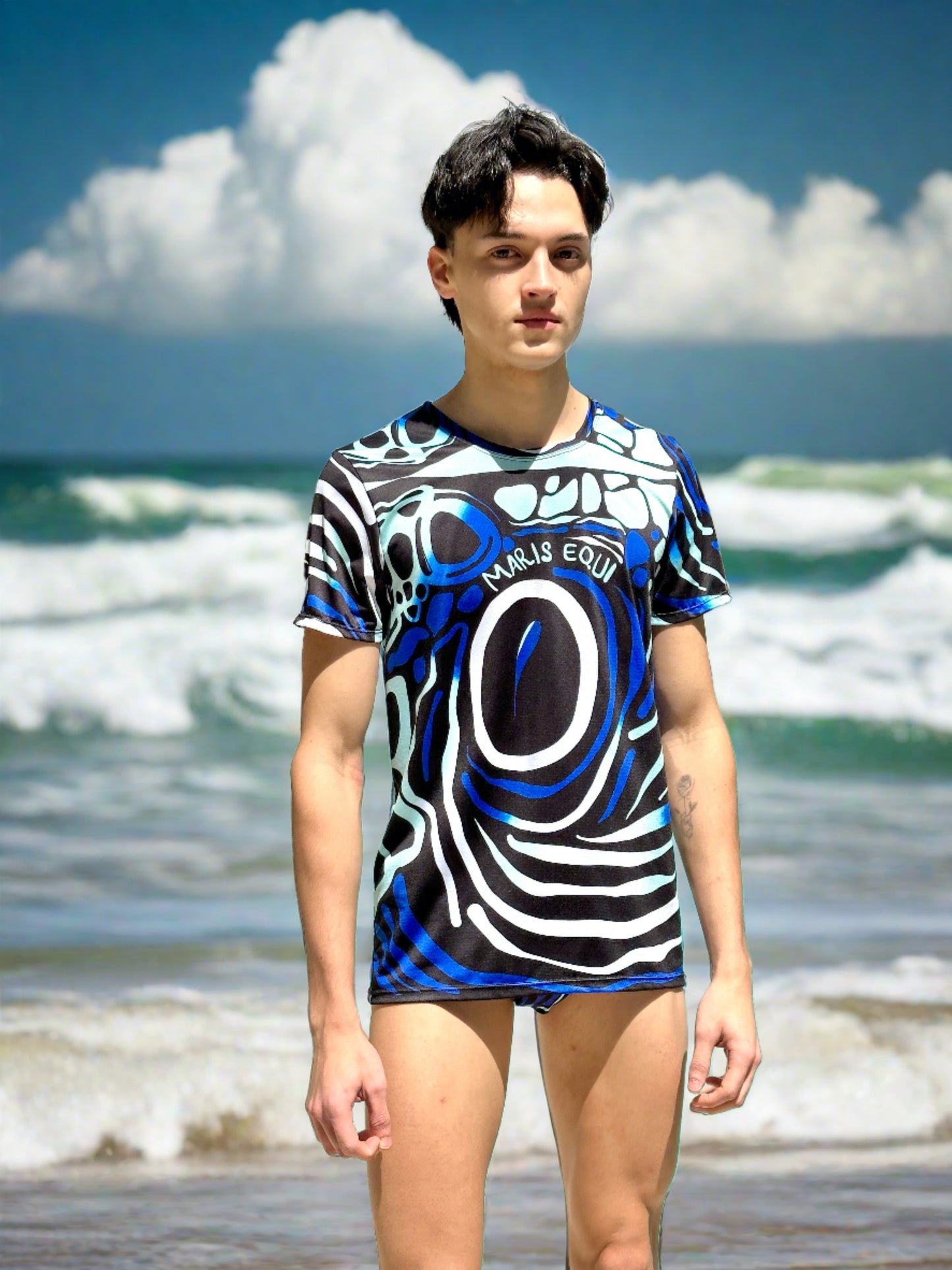 Our Angelfish Swim Brief for men and our coordinating Sport Shirt. The suit has a Speedo style cut.