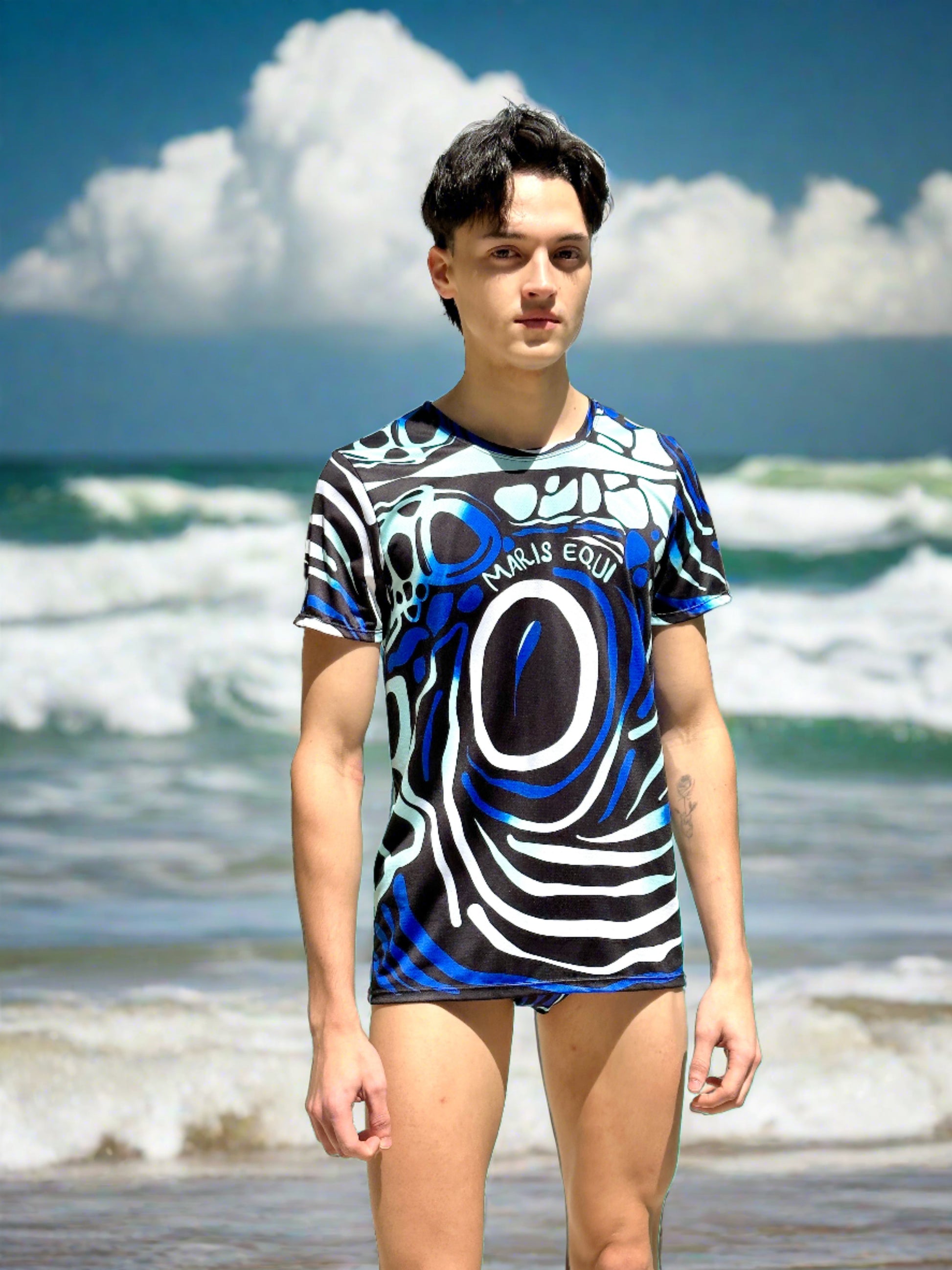 Our Angelfish Swim Brief for men and our coordinating Sport Shirt. The suit has a Speedo style cut.
