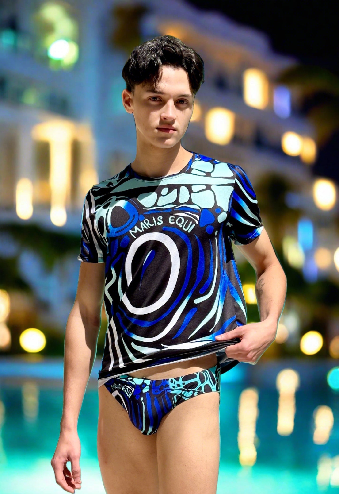Our Angelfish Swim Brief for men and our coordinating Sport Shirt. The suit has a Speedo style cut.