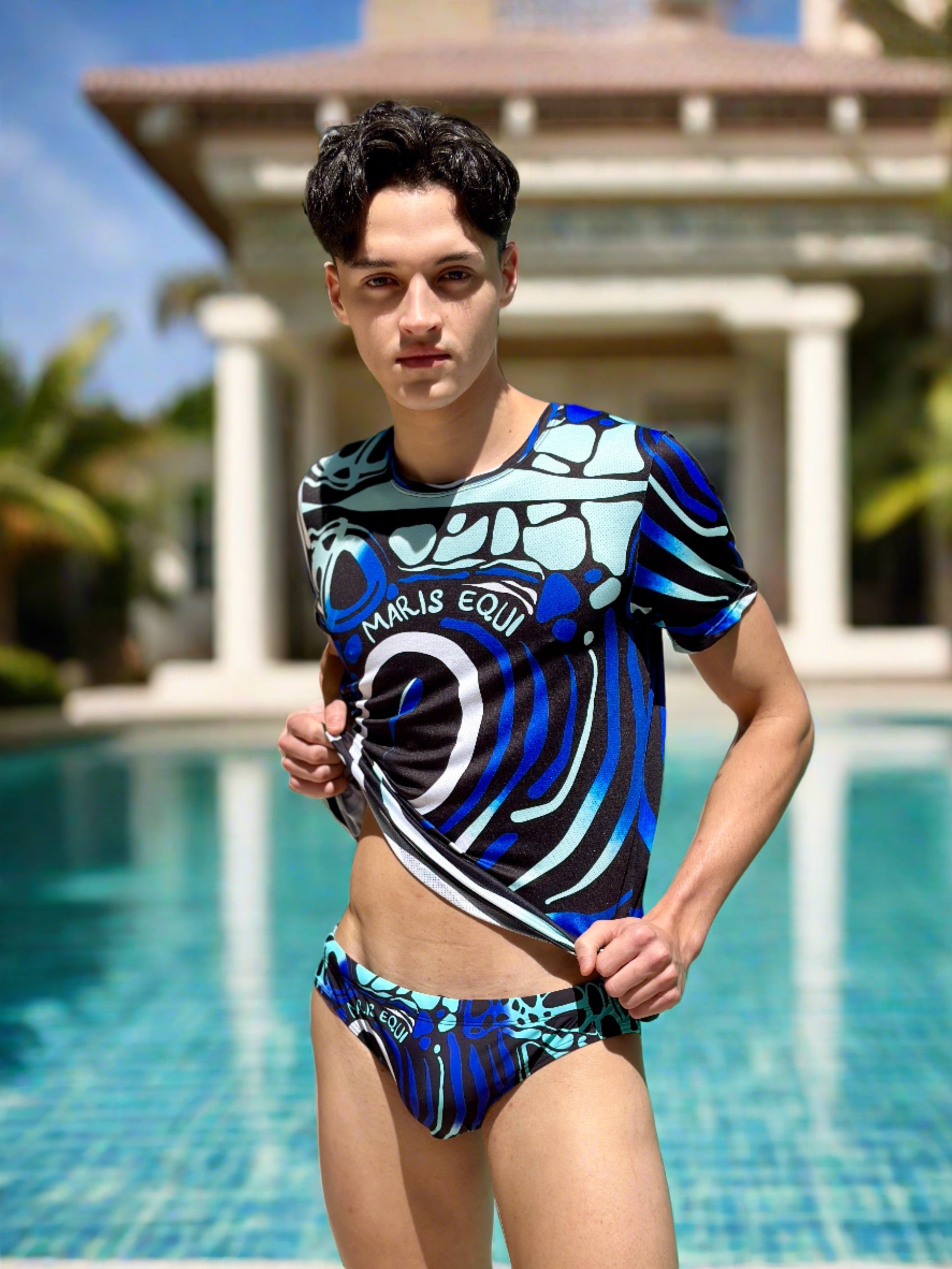 Our Angelfish Swim Brief for men and our coordinating Sport Shirt. The suit has a Speedo style cut.