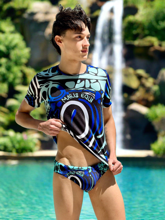 Our Angelfish Swim Brief for men and our coordinating Sport Shirt. The suit has a Speedo style cut.