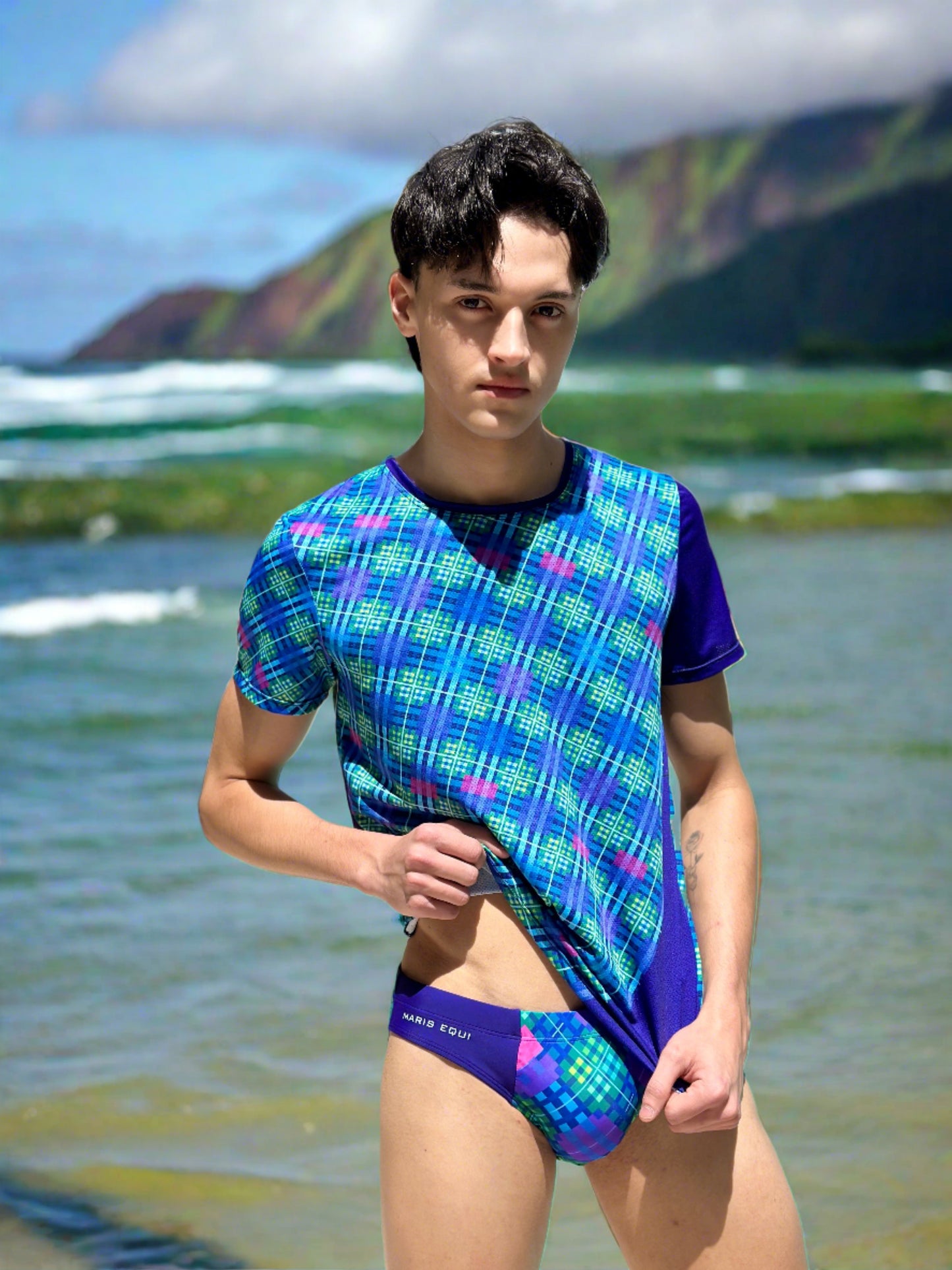 Our Blue Tartan Swim Brief and Sport Shirt For Men. The suit haas a Speedo style cut.