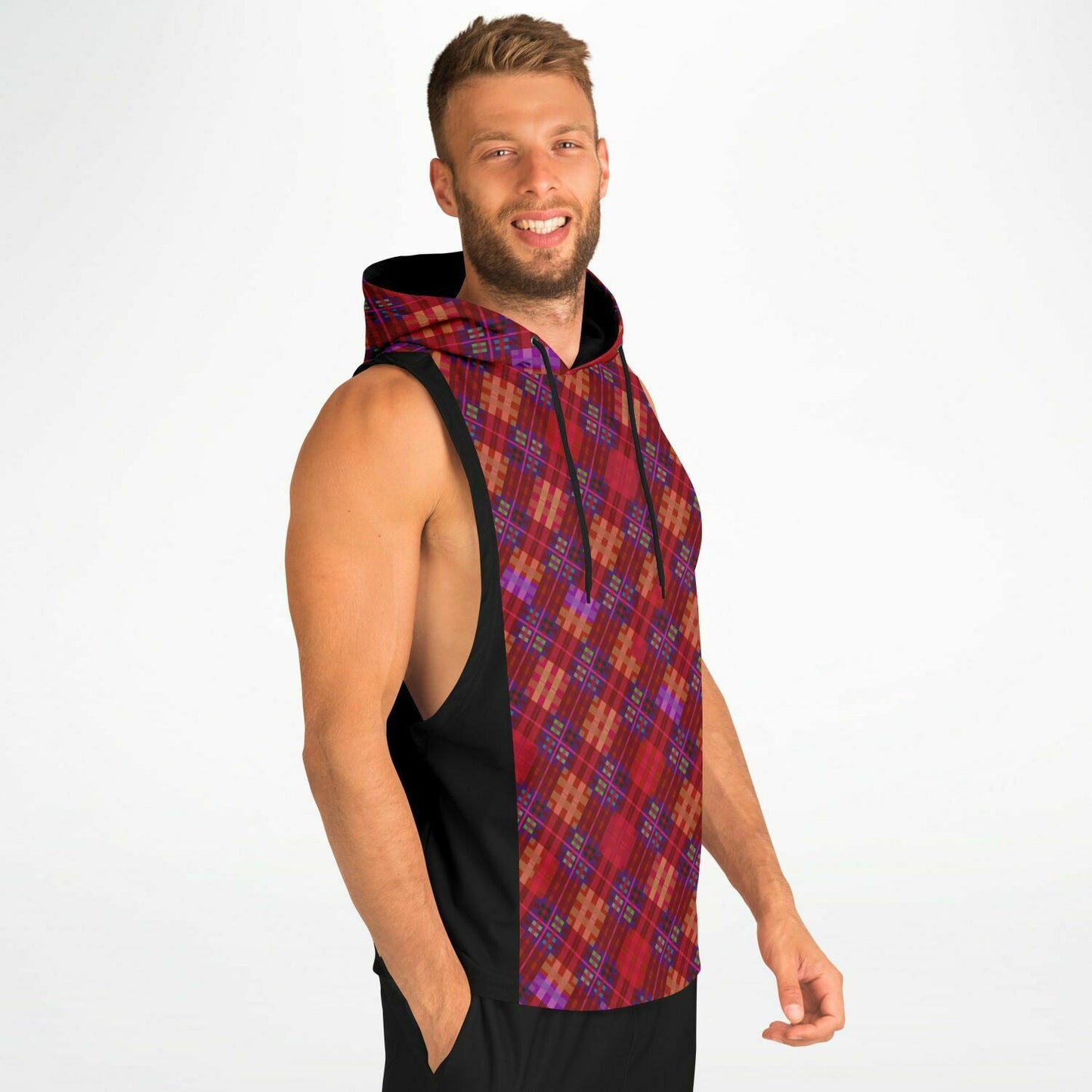 Red Tartan Men's Drop Armhole Cotton Blend Hoodie