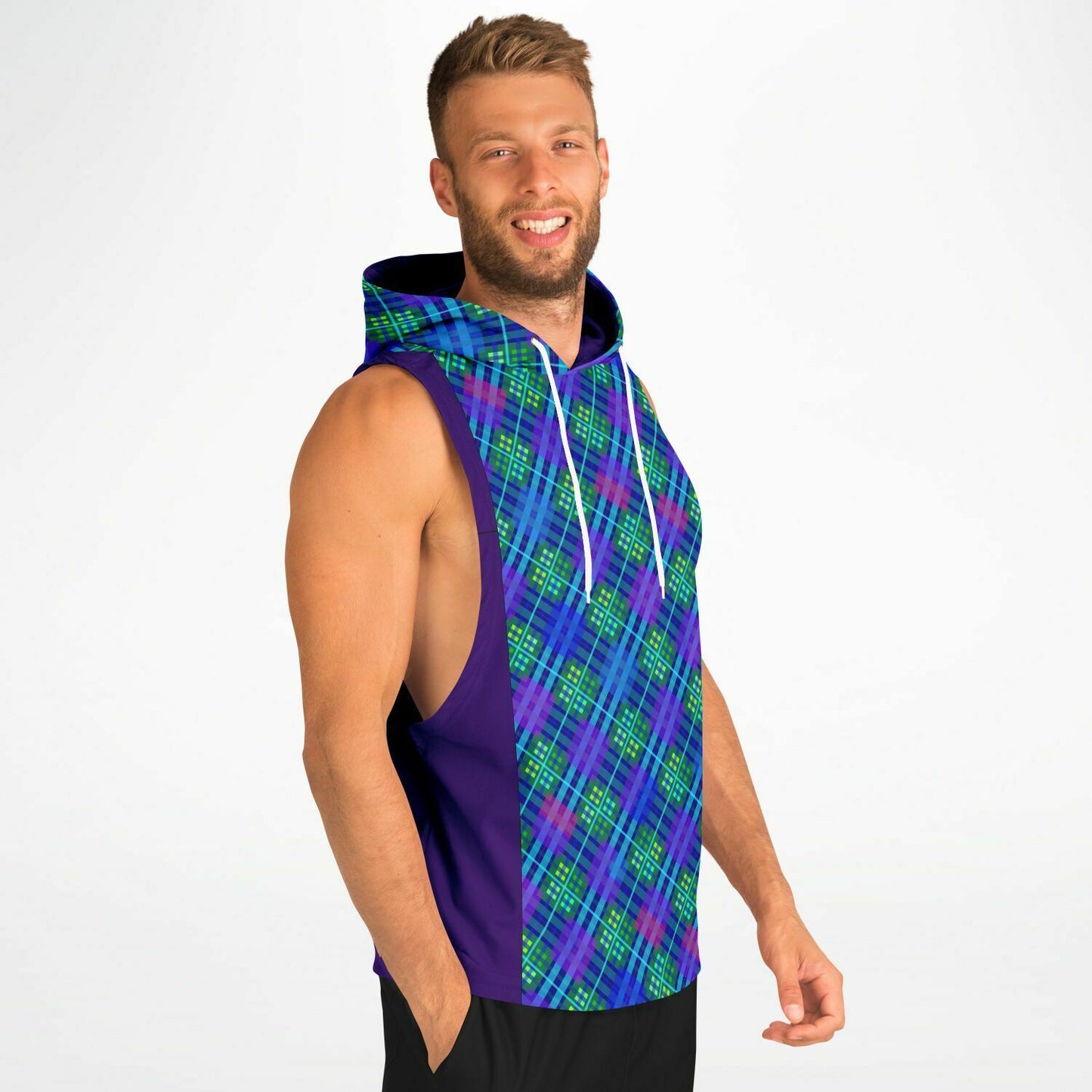 Blue Tartan Men's Drop Armhole Cotton Blend Hoodie