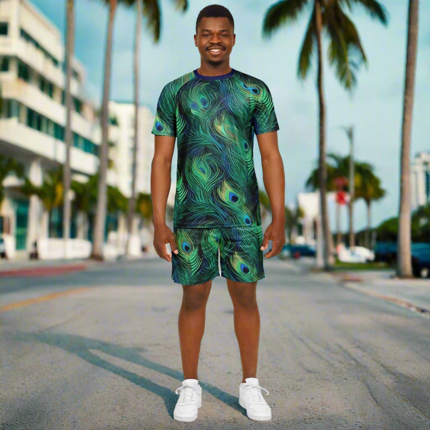 Peacock Feather Print Shorts And Top Set For Men