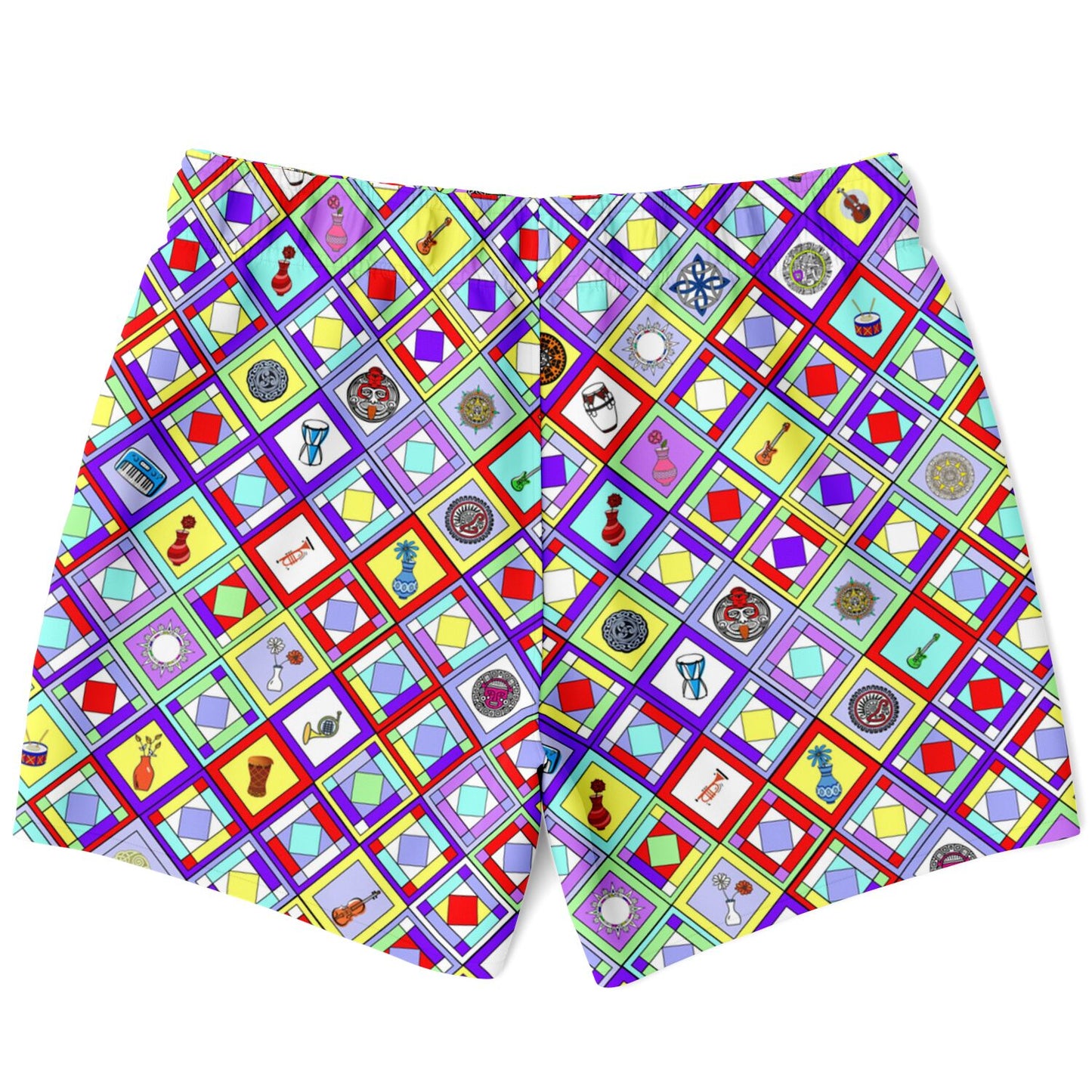 Retro Mod Geometric Diamond Print Swim Trunks for Men