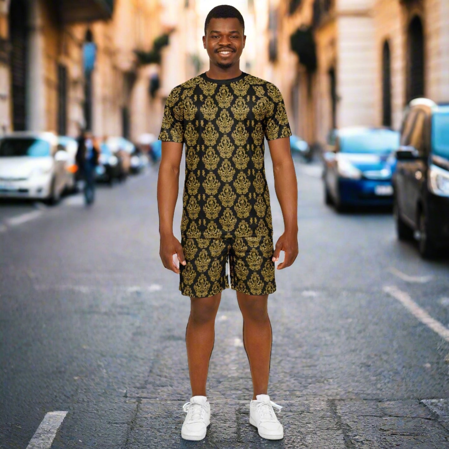 Gold Baroque Shirt and Shorts set for men inspired by the style originating in  16th century Italy.