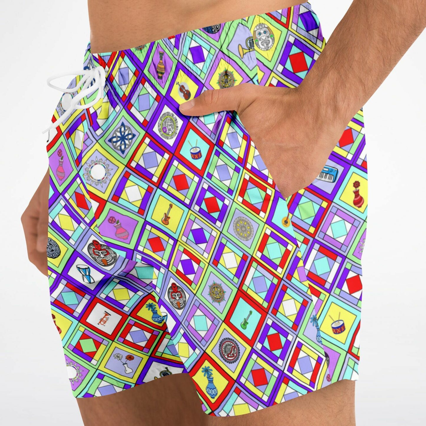 Retro Mod Geometric Diamond Print Swim Trunks for Men