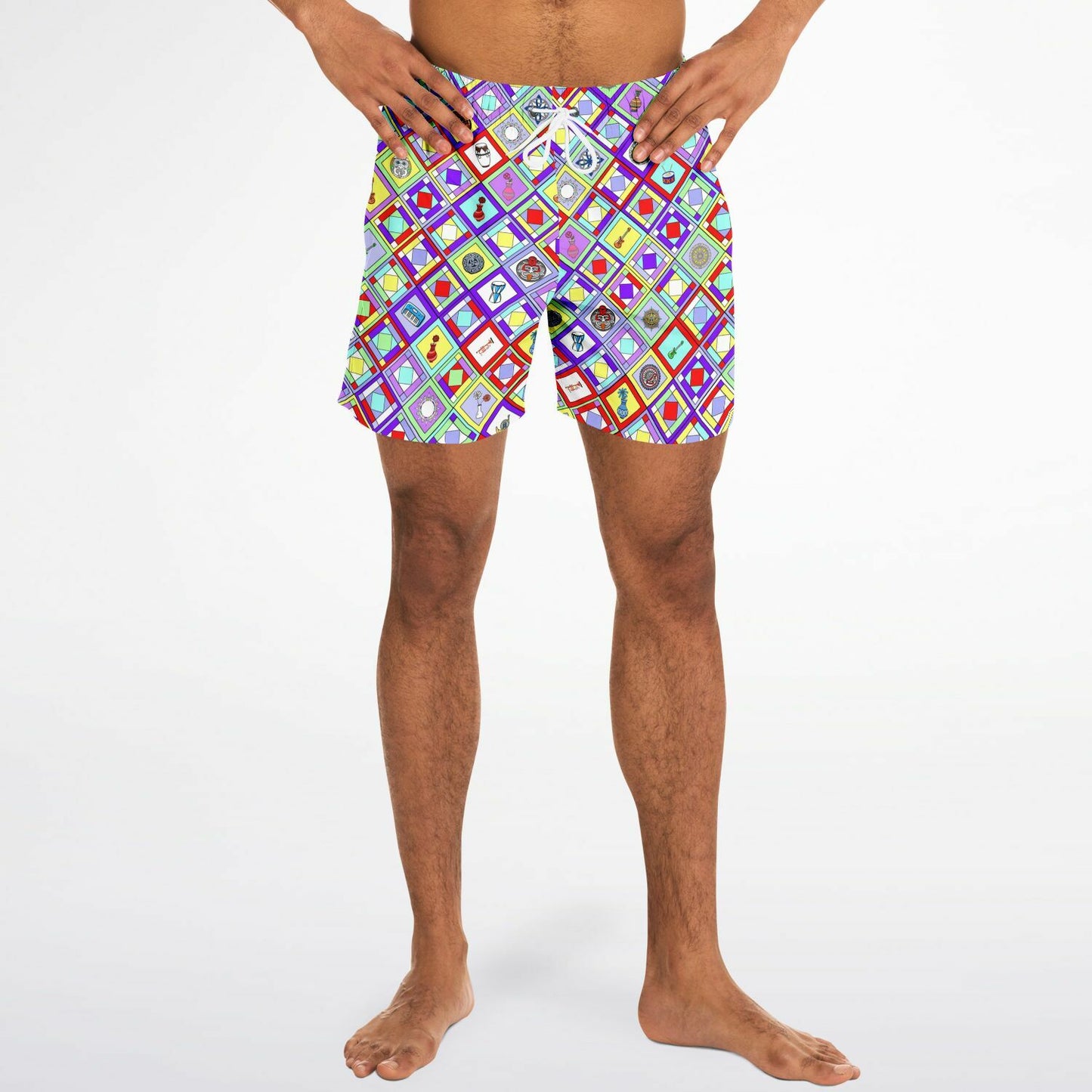 Retro Mod Geometric Diamond Print Swim Trunks for Men