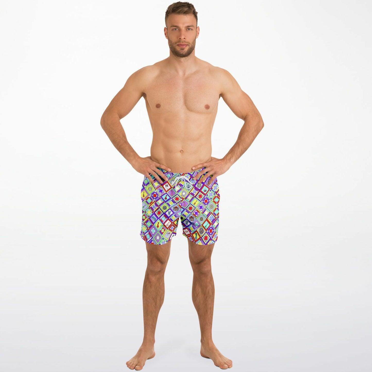 Retro Mod Geometric Diamond Print Swim Trunks for Men