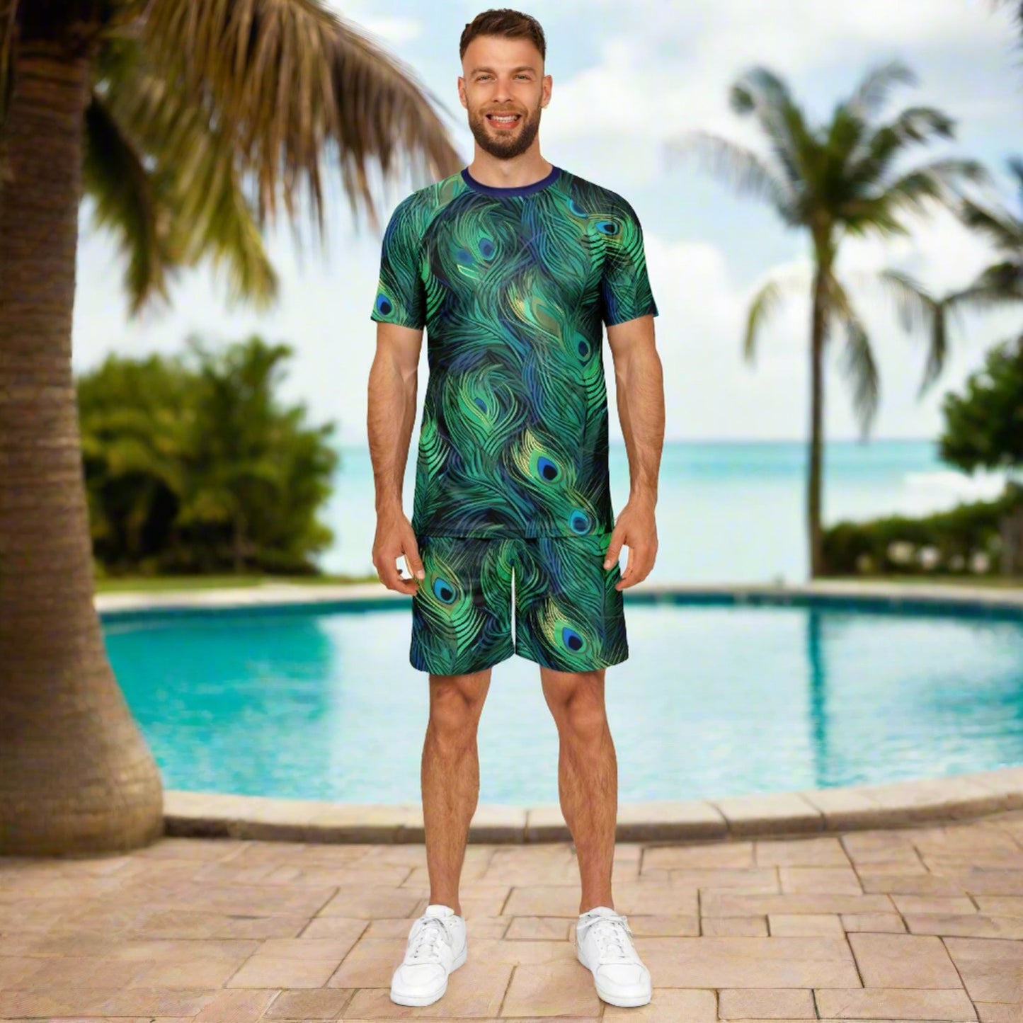 Peacock Feather Print Shorts And Top Set For Men