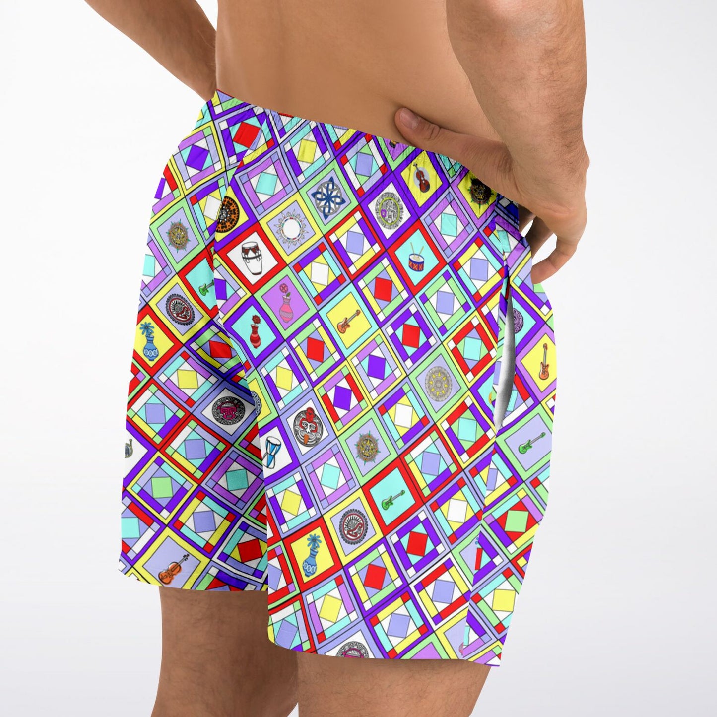 Retro Mod Geometric Diamond Print Swim Trunks for Men