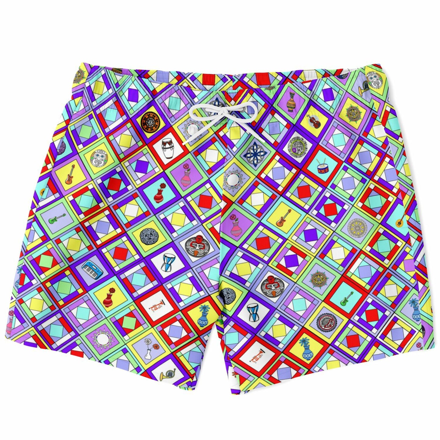 Retro Mod Geometric Diamond Print Swim Trunks for Men