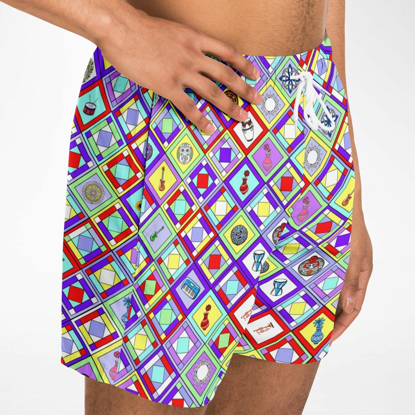 Retro Mod Geometric Diamond Print Swim Trunks for Men