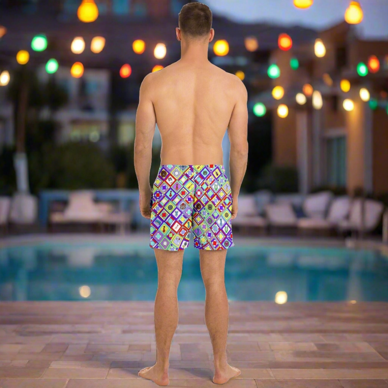 Men's retro swim shorts / trunks inspired by the look of 1960's Braniff uniforms.