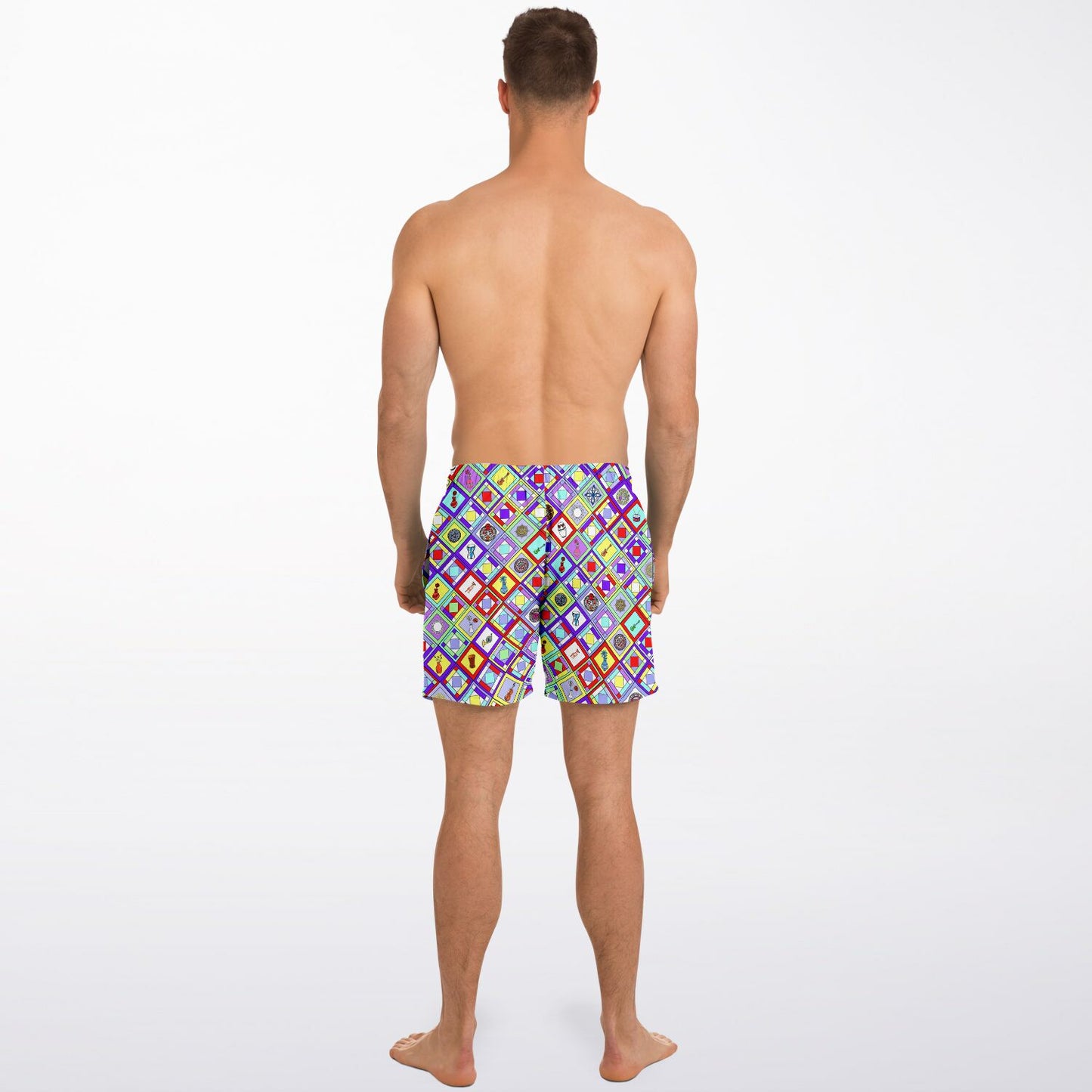 Retro Mod Geometric Diamond Print Swim Trunks for Men