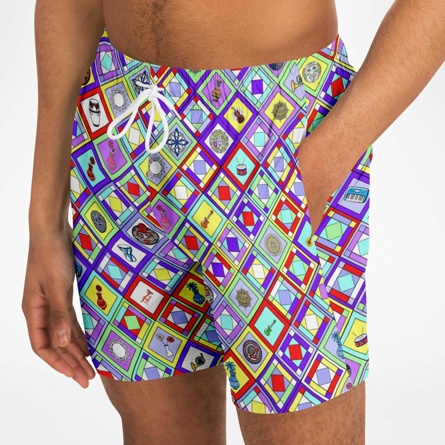 Retro Mod Geometric Diamond Print Swim Trunks for Men