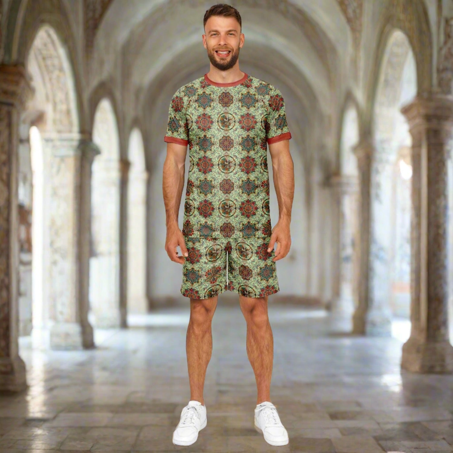 Mosaic Shorts and Shirt set for men inspired by the tile work of Byzantine church ceilings.