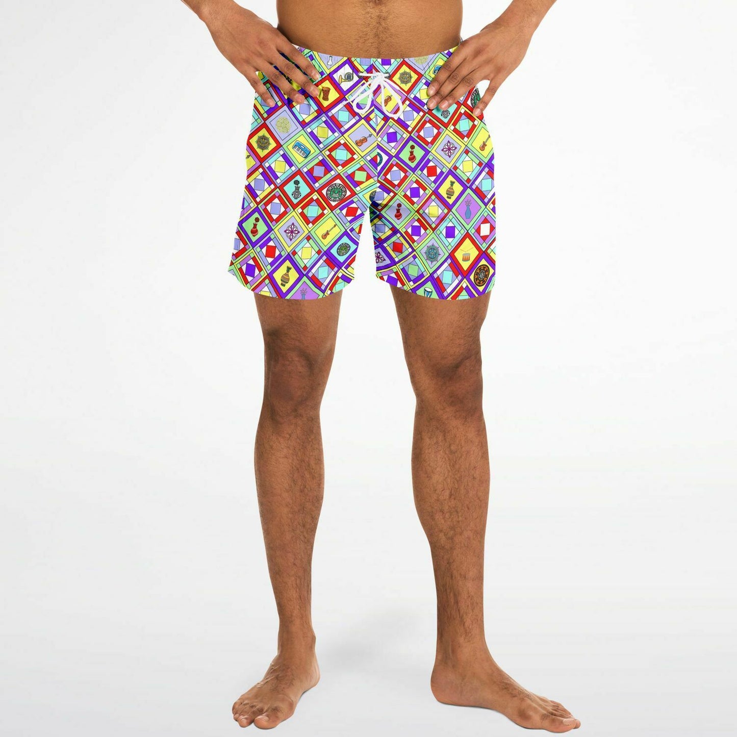 Men's retro swim shorts / trunks inspired by the look of 1960's Braniff uniforms.