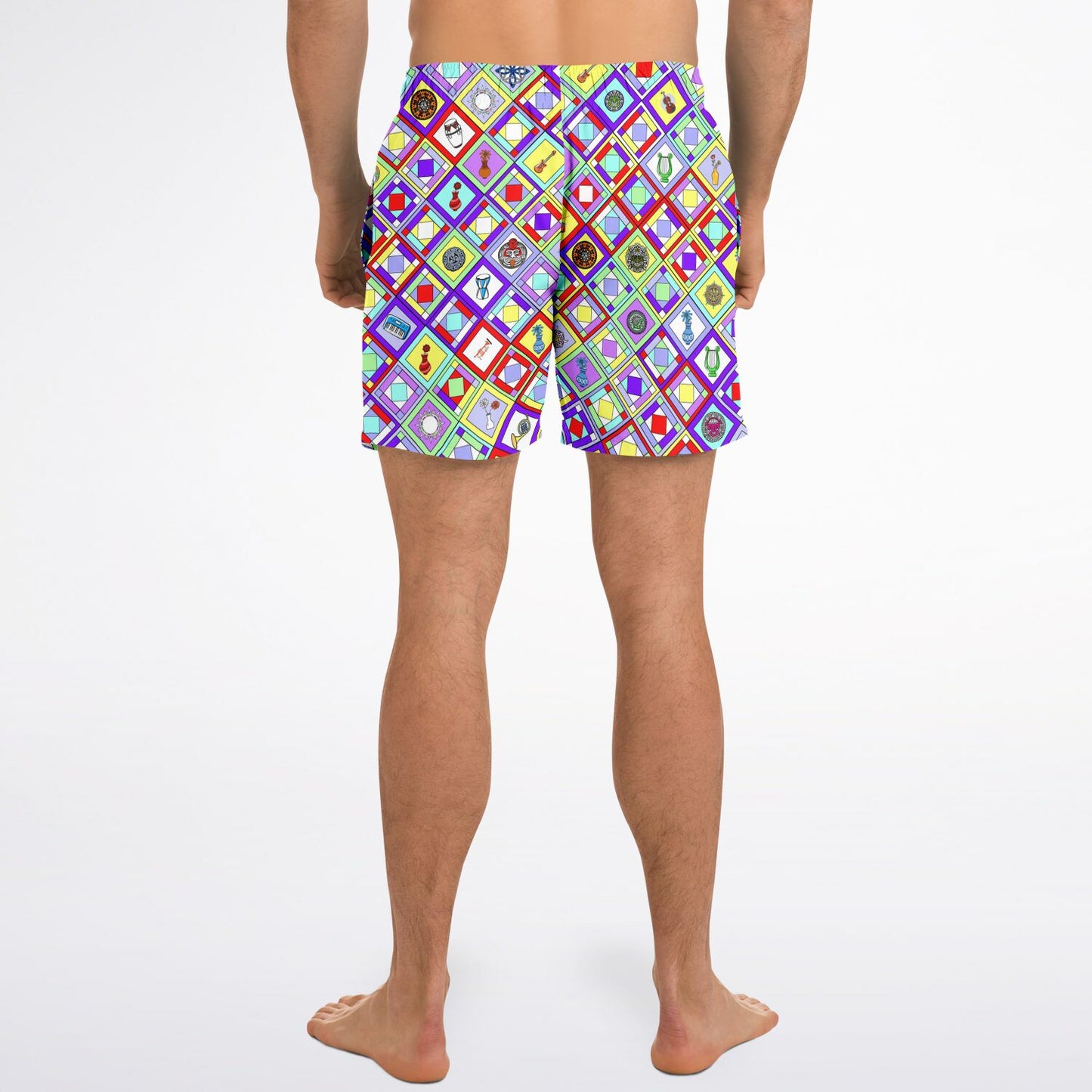 Men's retro swim shorts / trunks inspired by the look of 1960's Braniff uniforms.