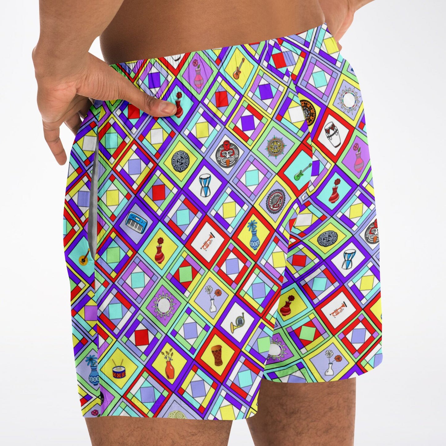 Retro Mod Geometric Diamond Print Swim Trunks for Men