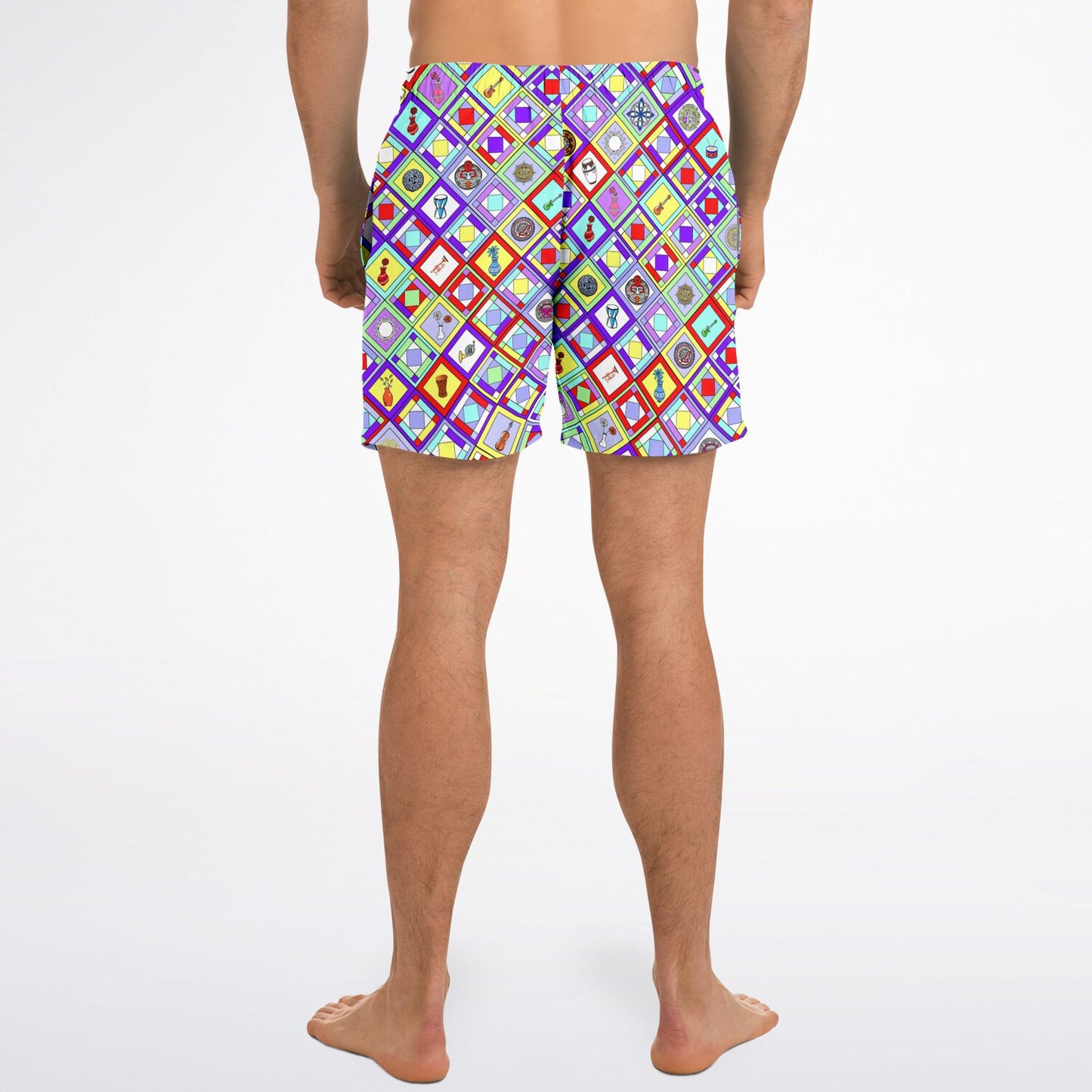 Retro Mod Geometric Diamond Print Swim Trunks for Men