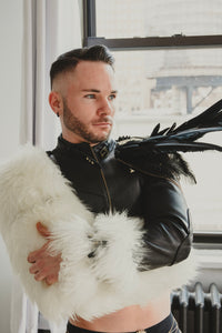 Maris Equi high fashion custom men's leather jacket with fur sleeve.